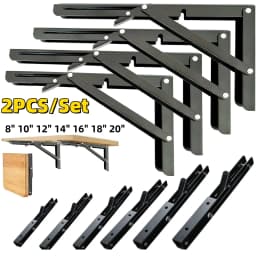 2PCS Heavy Duty Triangle Folding Angle Shelf Bracket Stainless Steel Collapsible Shelf Bracket for Table Work Bench Wall Mounted