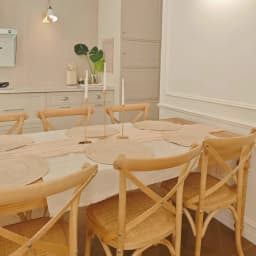 Scandinavian Farmhouse Style Rattan Dining Chair Wooden Seat Crossbar Design Comfortable Modern Cottage Aesthetic