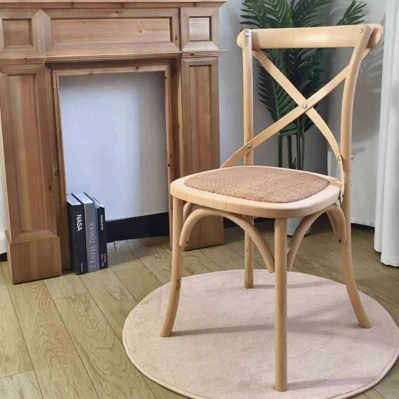 Scandinavian Farmhouse Style Rattan Dining Chair Wooden Seat Crossbar Design Comfortable Modern Cottage Aesthetic