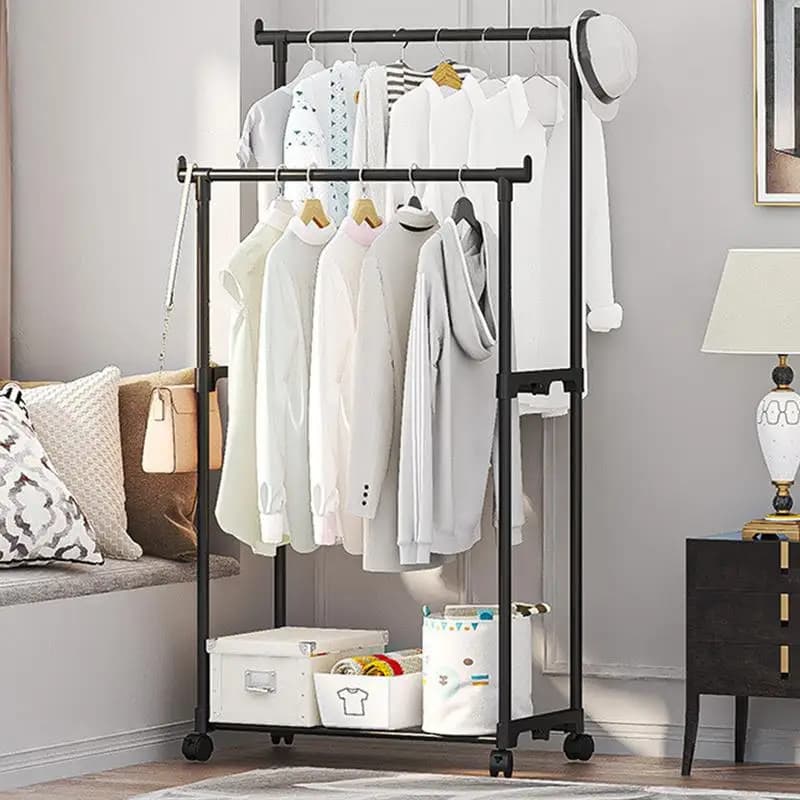 Double-Rod Clothes Rack Clothes Rack With Hooks Hanging Clothe Organizer For Bedroom Movable Bedroom Clothing Hanger With Wheels