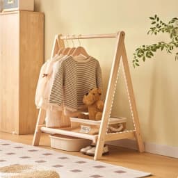 Kids Solid Wood Folding Clothes Rack Simplistic Design Coat Hanging Solution with Landing Rod Bedside Stylish Clothing Organizer