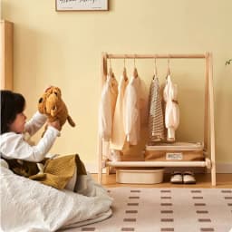Kids Solid Wood Folding Clothes Rack Simplistic Design Coat Hanging Solution with Landing Rod Bedside Stylish Clothing Organizer