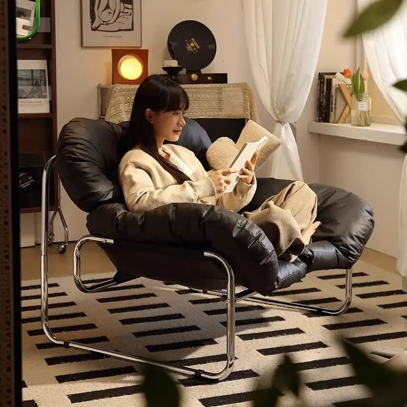 Leather Single Sofa Chair Nordic Sofa Backrest Armchair Retro Light Luxury Living Room Furniture Individual Reclining Chair