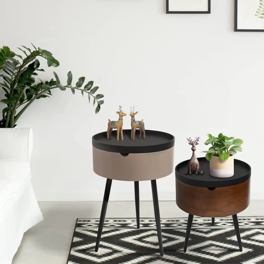 Formwell STK18 Bed Side Table Small Coffee Table with Storage Barrel, Surrounding Edge Top with Metal Legs, Large Storage Space