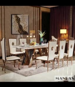 Linlimlam Luxury Dining Set: 6 Stainless Steel Genuine Leather Chair and Rectangle Marble Sea Shell Table Kitchen Room Furniture