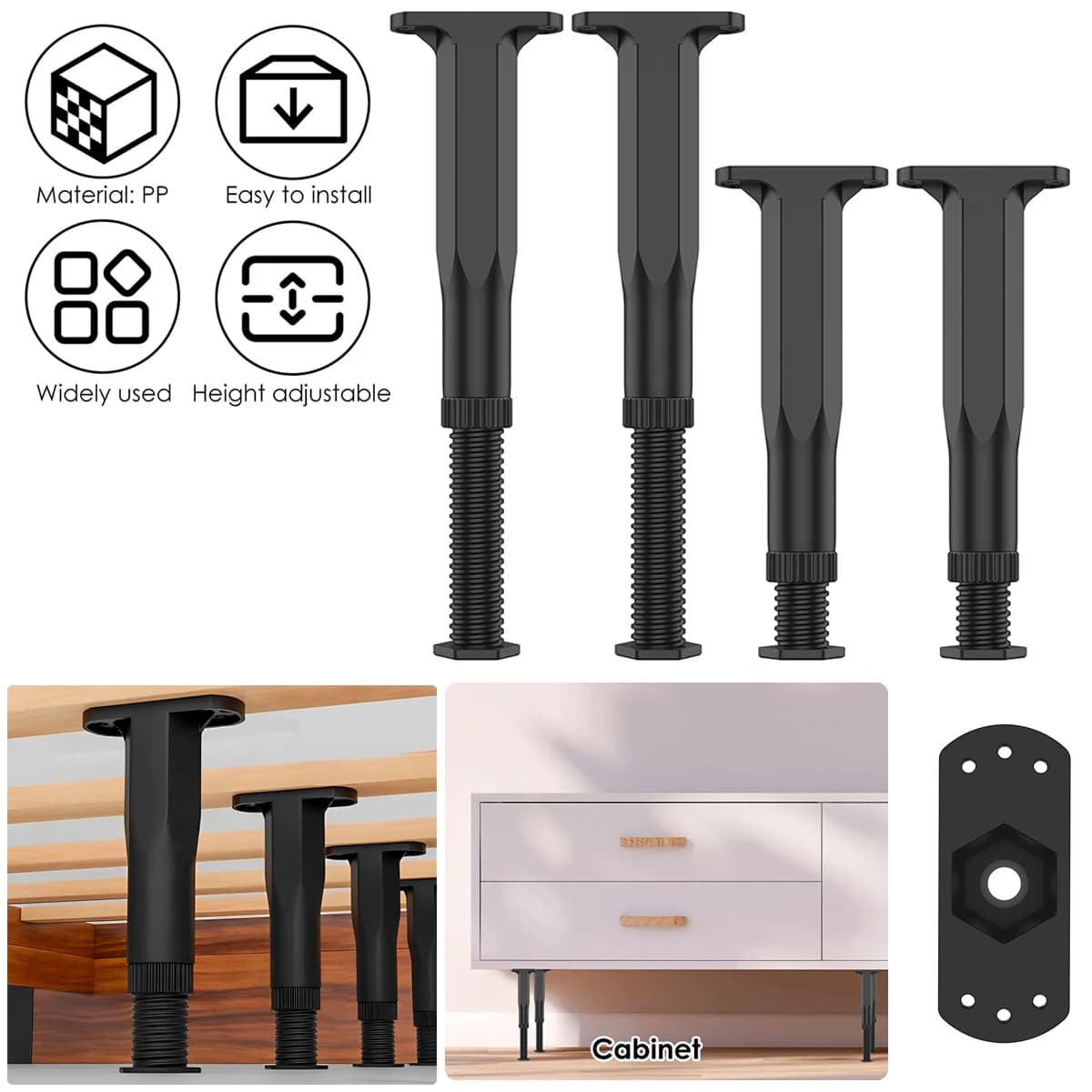 4PCS Bed Beam Support Foot Adjustable 7.8-15inch Furniture Heightening Bracket Frame Center Slats Support Leg