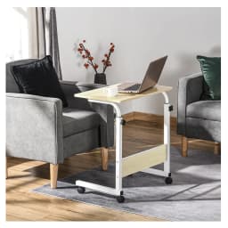 Accommodates textile-desk table with wheels to work and study. Multipurpose adjustable side table for bedroom, 40x60x65-89 cm.