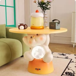 Artistic Cat-Shaped Side Table Cream Sofa Corner End Table with LED Lighting Large-Capacity Storage Room Decorative