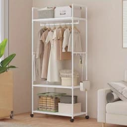 Clothing Storage Rack with Wheels, Hooks & Shelves - Space-Saving Organizer, Durable Freestanding Clothes Organizer for Bedroom