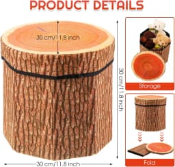 Tree Stump Storage Ottoman Folding Stool Collapsible Footrest Seat Lid Foldable Storage Box Living Room Bedroom Kids Decor