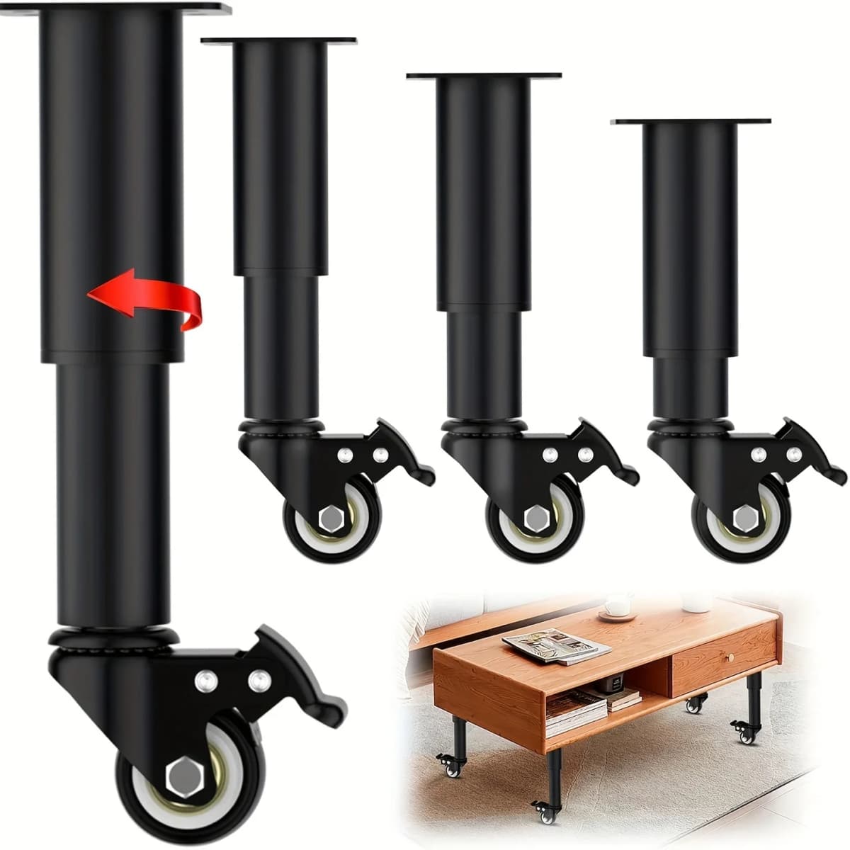 4pcs Metal Extendable Furniture Legs with Casters, Table Legs,with Heavy-Duty Replacement for Cabinets, Sofas, Desks, Dressers