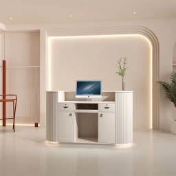 Modern Curved Reception Desk with LED Light Beige Wave Front Desk for Beauty Salon Nail Shop Spa Commercial Furniture