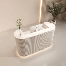 Modern Curved Reception Desk with LED Light Beige Wave Front Desk for Beauty Salon Nail Shop Spa Commercial Furniture
