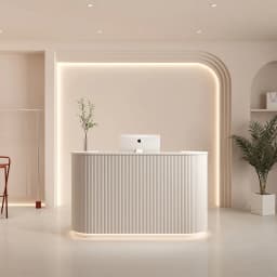 Modern Curved Reception Desk with LED Light Beige Wave Front Desk for Beauty Salon Nail Shop Spa Commercial Furniture