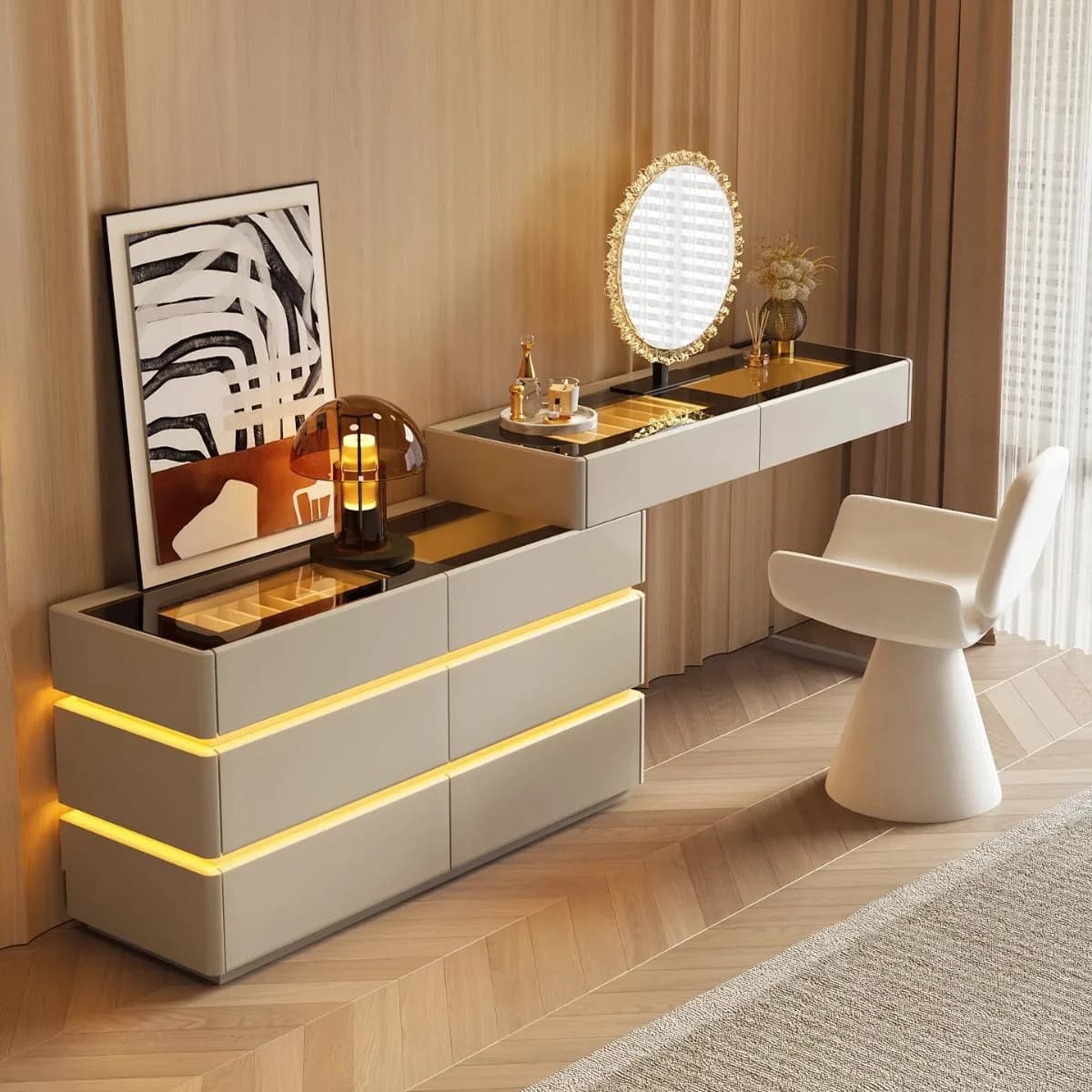Nordic Solid Wood Dressers Bedroom Modern Dressing Table Drawer Integrated Home Small Apartment Makeup Table with LED Mirror