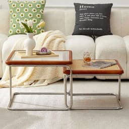 Nordic Rattan Combination Coffee Sofa Table Set Stainless Steel Solid Wood Glass Combination Modern Simple Style Wood Tables