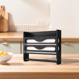 Bamboo 2-Compartment Storage Box with Wall-Mounted Paper Towel Holder & Cutter - Foil & Plastic Wrap Organizer for Kitchen
