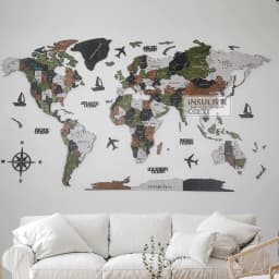 Wooden map 3D three-dimensional wall decoration wall decoration creative living room sofa office background wall