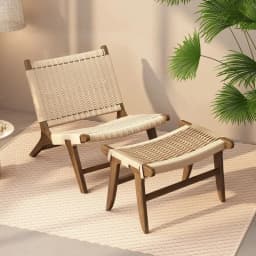 Rope Woven Solid Wood Lounge Chair, Nordic Balcony Leisure Chair, Wabi-Sabi Lazy Armchair for Small Spaces and Bedroom Decor