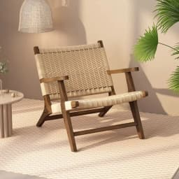 Rope Woven Solid Wood Lounge Chair, Nordic Balcony Leisure Chair, Wabi-Sabi Lazy Armchair for Small Spaces and Bedroom Decor