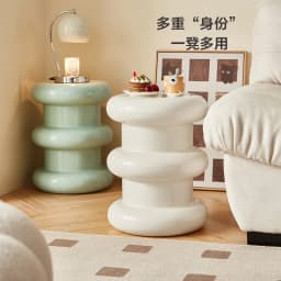 Creamy White Round Ottoman Stool with Retro Design, Multi-Functional Side Table Footrest Living Room Bedroom Entryway Home Decor