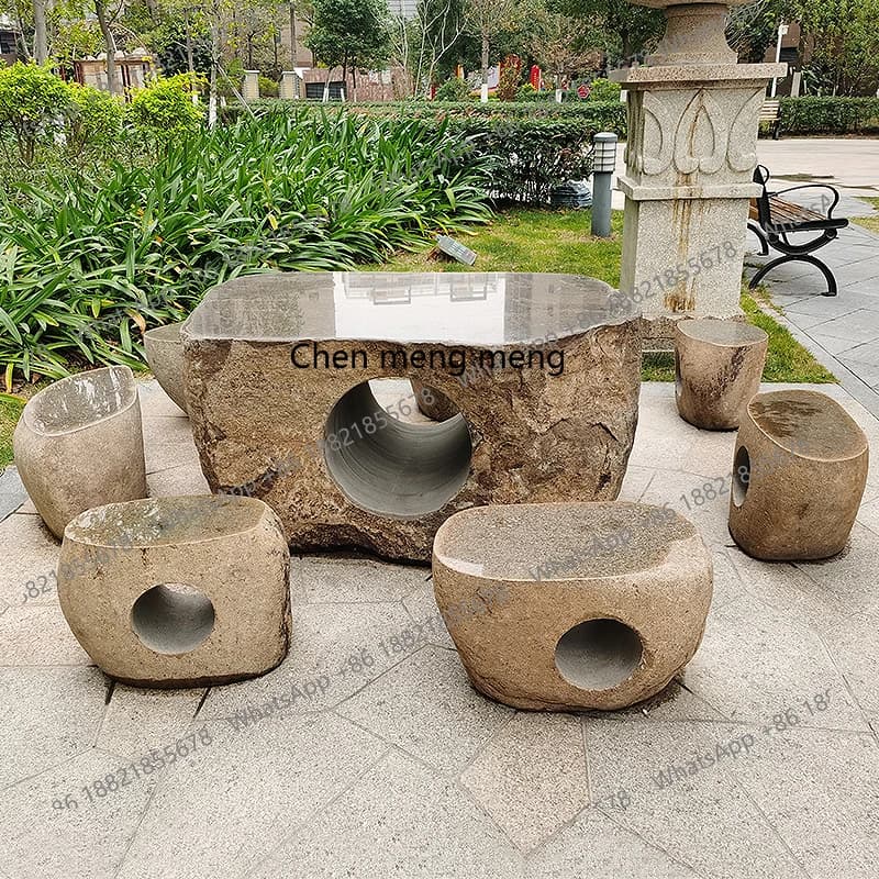 Outdoor stone table, stool, natural outdoor courtyard garden, table and chairs, a set of villa household marble ornaments
