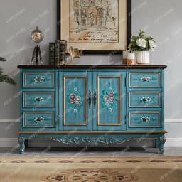 Sideboard Cabinet Solid Wood Rustic Entryway Cabinet Vintage Painted Storage Cabinet