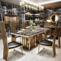 Luxury Marble Dining Table Set with Gold Stainless Steel Frame, Dining Room Table with Sea Shell and High-Back Chairs