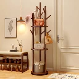 Rotating Wooden Coat Rack Durable Floor Standing Clothes Hanger Bedroom Clothes Rack Stand Space-Saving Storage Rack