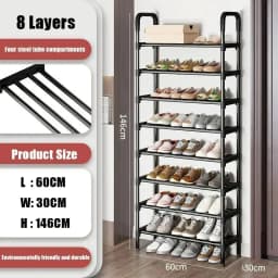 8 Tier Household Metal Shoe Rack Furniture Elevated Shoe-Shelf Multi-Functional Black Storage Racks Space Saving For Living Room