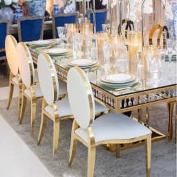 78pcs)factory gold metal chiavari chair hotel metal dining table set for wedding and event