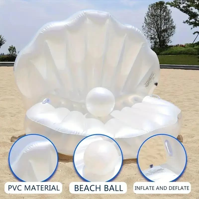 Inflatable Shell Shaped White PVC Seashell Pool Float, Blow Up Giant Clam Floatie with Pearl Ball, Shell Pool Floating Ride On