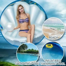 Inflatable Shell Shaped White PVC Seashell Pool Float, Blow Up Giant Clam Floatie with Pearl Ball, Shell Pool Floating Ride On