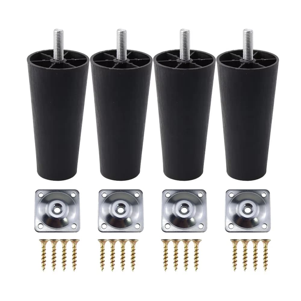 4Pcs Round Tapered Black Plastic Furniture Legs Feet with Mounting Plates M8*25 Thread Shank for Sofa and Chair 4 to12cm height