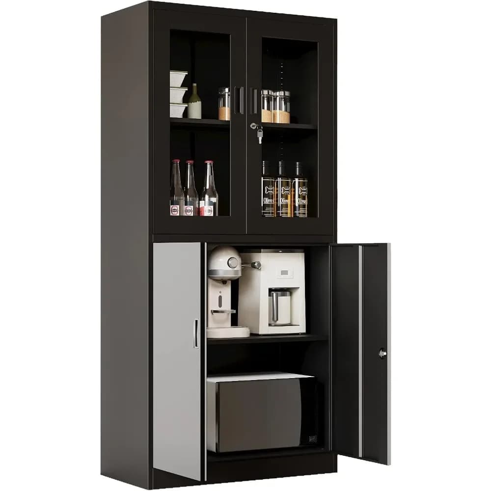 Fashion 71" Locking Display Cabinet with 2 Adjustable Shelves 4-Tier Tall Steel Cabinet, Metal Storage Cabinet with Glass Doors