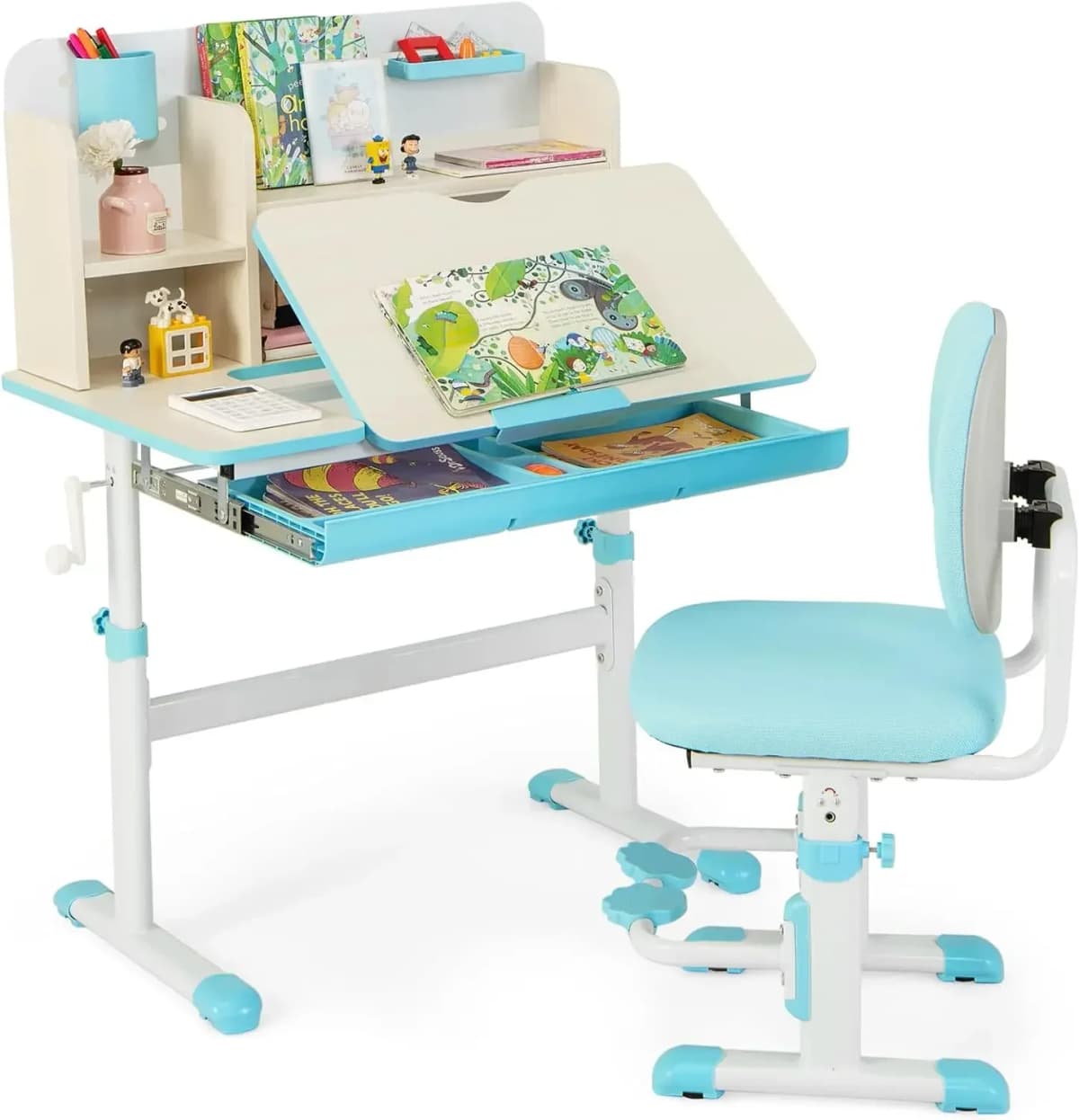 A Kids Desk and Chair Set,Height Adjustable Children School Study Table and Chair Set w/Tilt Desktop,Storage Drawer Hutch