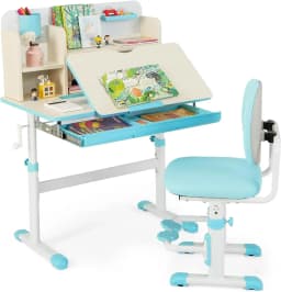 A Kids Desk and Chair Set,Height Adjustable Children School Study Table and Chair Set w/Tilt Desktop,Storage Drawer Hutch