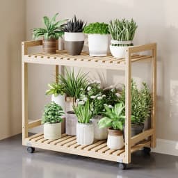 Modern Wooden Tiered Plant Stand with Wheels Multi-Level Flower Shelf for Balcony Space Saving Garden Display Rack Organizer