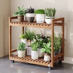 Modern Wooden Tiered Plant Stand with Wheels Multi-Level Flower Shelf for Balcony Space Saving Garden Display Rack Organizer