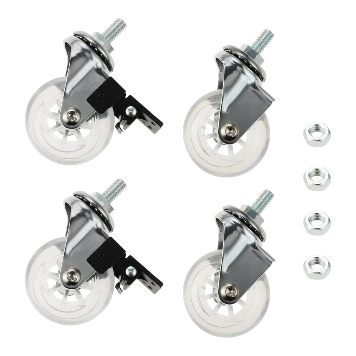 4pcs 2" Threaded Stem Casters Clear PU M8 Swivel Wheel with/without Safety Brake Nuts Office Chair Desk Baggage Quiet Smoothly
