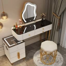 Nordic Glass Luxury Dressing Table with Smart Wireless Charging Bedroom Vanity Nightstand Makeup Table with Cloud Mirror Dresser