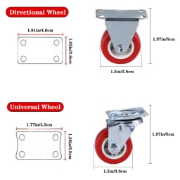 2 ⁄ 4 Quiet Small Casters, Universal Wheels, 1.97' Rotating Casters, Red Fixed Wheels, for Wheelbarrows, Furniture Project Carts