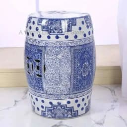 White Porcelain and Drawn Blue Shoe Hand Changing Stool Ceramic Drum Bathroom Neoclassical Imitation Sitting Stool Low Round