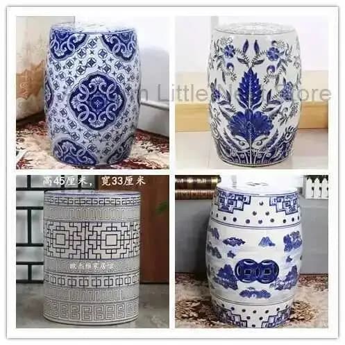 White Porcelain and Drawn Blue Shoe Hand Changing Stool Ceramic Drum Bathroom Neoclassical Imitation Sitting Stool Low Round