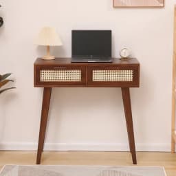Nordic Solid Wood Dressing Table Bedroom Rattan Jewelry Cabinet Multi-functional Computer Desk, Double Draw Design, Makeup Table