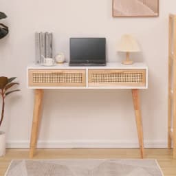 Nordic Solid Wood Dressing Table Bedroom Rattan Jewelry Cabinet Multi-functional Computer Desk, Double Draw Design, Makeup Table