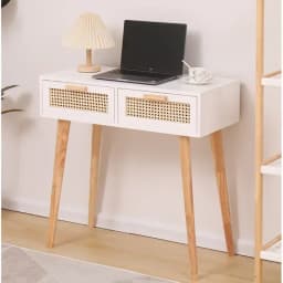 Nordic Solid Wood Dressing Table Bedroom Rattan Jewelry Cabinet Multi-functional Computer Desk, Double Draw Design, Makeup Table