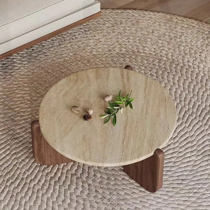 Wabisabi Wind Solid Wood Travertine Coffee Table Minimalist Small Apartment Living Room Household Round Balcony Marble Low Table