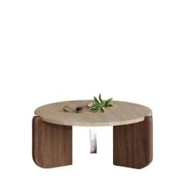 Wabisabi Wind Solid Wood Travertine Coffee Table Minimalist Small Apartment Living Room Household Round Balcony Marble Low Table