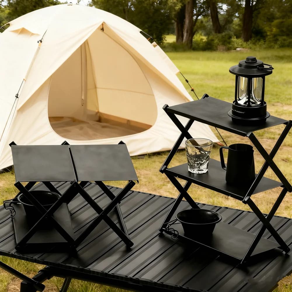 Three-tier Rack Outdoor Folding Storage Shelf Portable Desktop Organizer Shelves Picnic BBQ Storage Rack Table